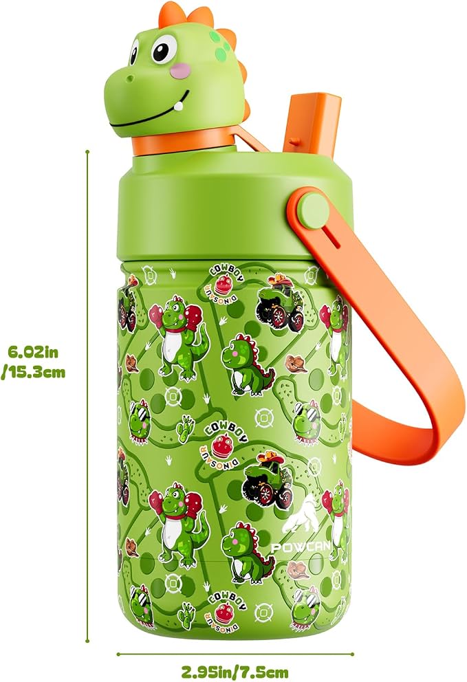 POWCAN Kids Water Bottle for School: 2-in-1 Straw Spout Lid with Soft Animal Head, Leakproof, Backpack Friendly, Keep Cold 24H, Insulated cup for Sports, Playground, Holiday Gift, Cowboy Rex 12 Ounces