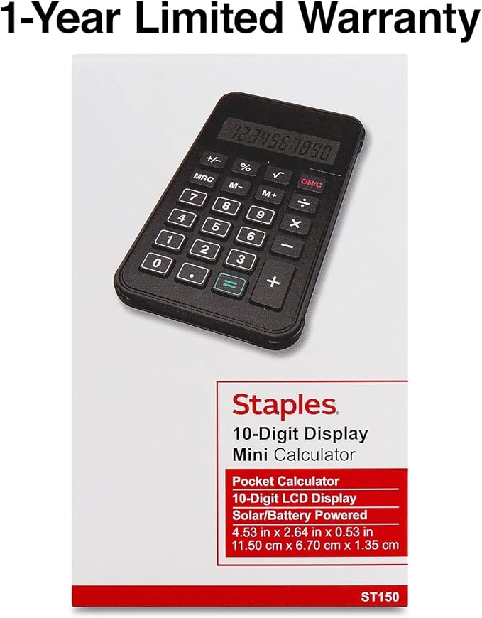 Staples 10-Digit Battery & Solar Basic Pocket Calculator, Black