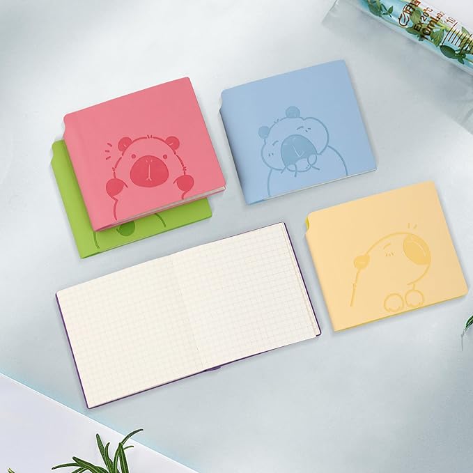 BOBO RABBIT 3 Pack Mini Grid Notebooks Pocket Size Graph Paper Journal Total 600 Pages Steno Pads Memo Notebook Small Softcover Leather Cartoon Capybara Pattern Cute Journal for Writing Sketching Drawing Lay Flat, 3.9"x3.9" Inner(Mini Square)