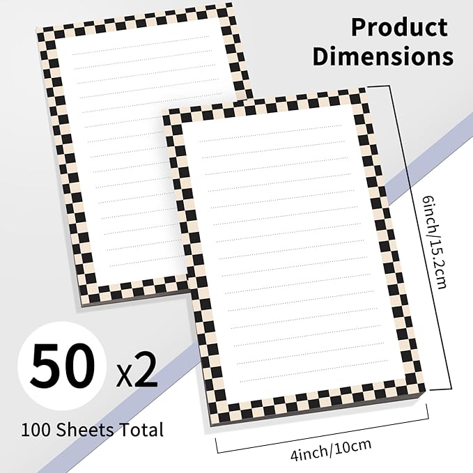 2 Pack Lined Sticky Notes 4x6 in, Cute Self-Stick Notepads with Lines, Large Memo Pads Strong Adhesive for Office, Home Black White Plaid