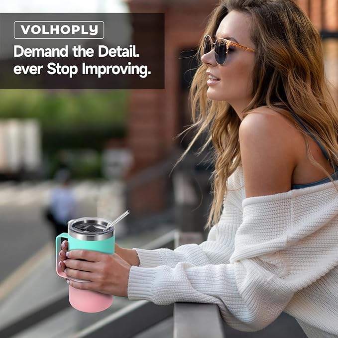 Volhoply 22oz Insulated Stainless Steel Coffee Mugs with Leakproof Lid Bulk 2 Pack,Double Wall Vacuum Travel Coffee Cup with Handle,Reusable Metal Tumbler,Camping Mug Keep Hot&Cold(Green Pink,2)