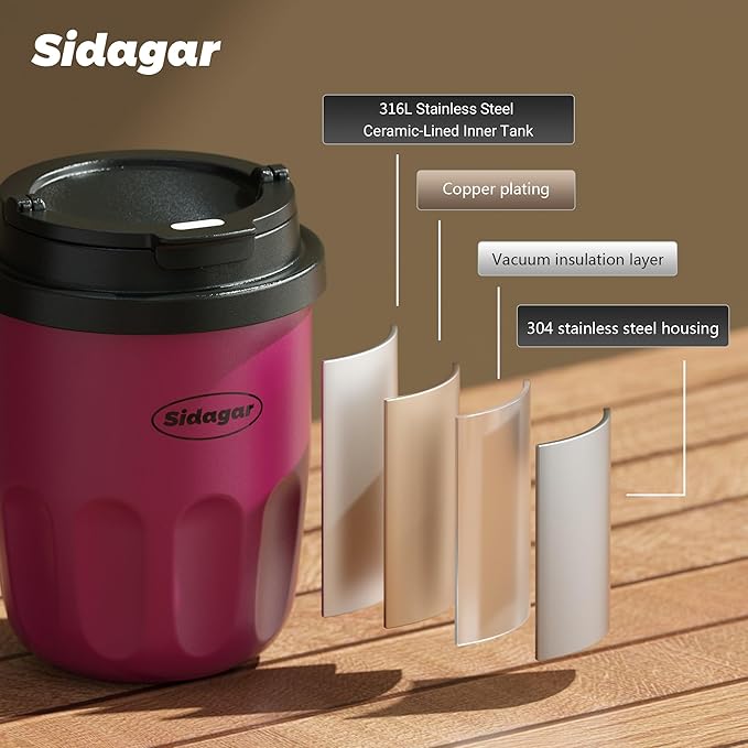 Travel Coffee Mug 10 oz Ceramic Lined Tumbler, Double Wall Stainless Steel Coffee Cup with Lid, Vacuum Spill Proof Mini Water Bottle, Insulated Thermal Mug for Home Office, Purple