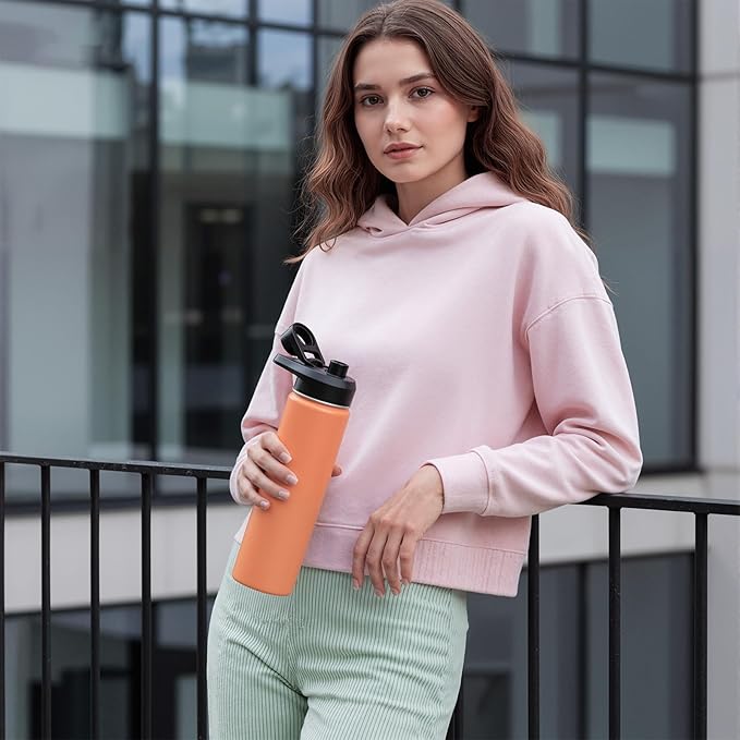 Fijinhom 24 oz Insulated Water Bottle with Handle, 304 Stainless Steel Water Bottles with Wide Mouth, Double Wall Vacuum Sports Water Bottle, BPA Free, Keep Cold and Hot, Coral
