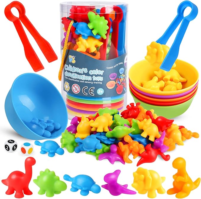 Counting Dinosaur Matching Toys with Sorting Bowls Montessori Preschool Educational Activities Learning Color Sorting Fine Motor Skills Sensory Toys Birthday Gift for 3 4 5 Year Old Boys Girls