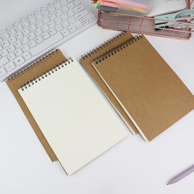 4 Pack Graph Paper Notebook, A5 Top Wirebound Grid Spiral Notebook 5.8" x 8.3",60 Sheets,5mm x 5mm Grid Paper,Grid Notepad for Students, Math, Engineering (Kraft)