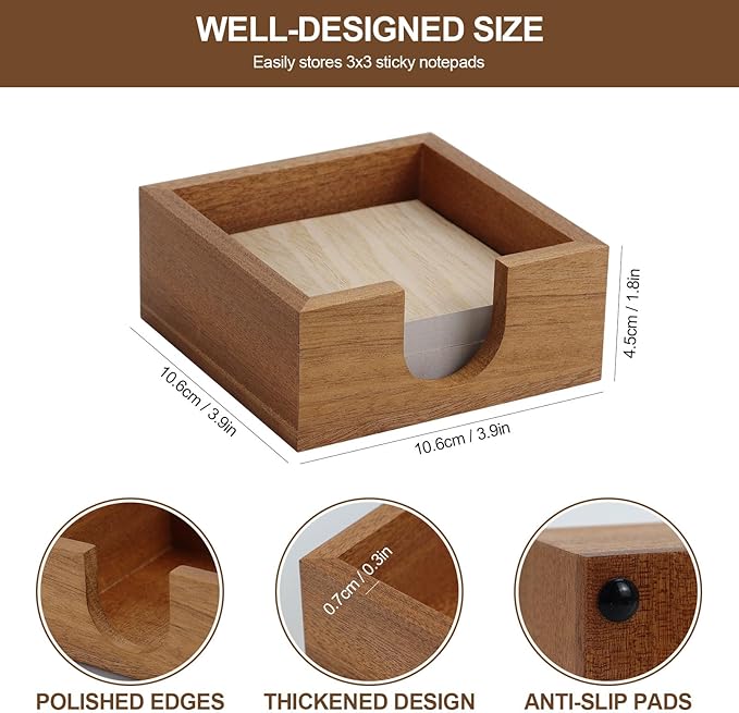 MultiBey Sapele Wood Sticky Note Holder with Non-Slip Base - Natural Wood Memo Pad Dispenser & Desk Organizer for Post-it Notes, Paper Clips, Office & Home