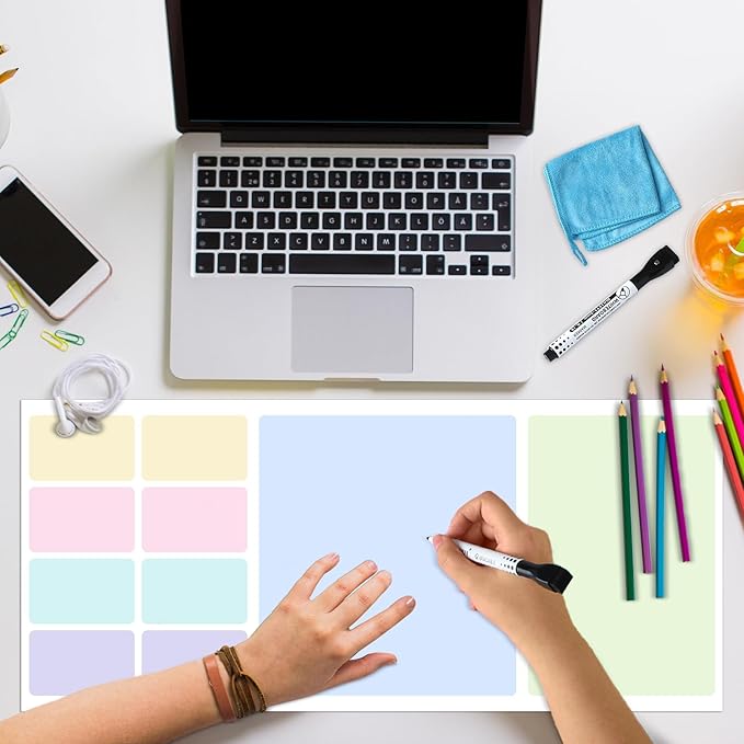 Dry Erase Desk Mat, Large Mouse Pad, Erasable Writing White Board for Making Plans, Self Adhesive Desktop Protector with 2 Wet Erase Markers & 1 Eraser for Home Office School 36"x16" (Pastel)