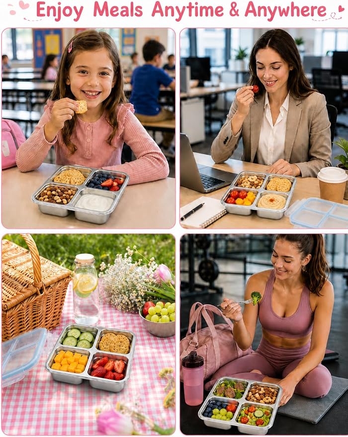 4 Pack Stainless Steel Snack Boxes, Leak-Proof, 4 Compartments, 24 Oz | Reusable, Easy Open, Food Storage & Meal Prep Containers, Dishwasher Safe, for Office, Travel, On-the-Go Snacking