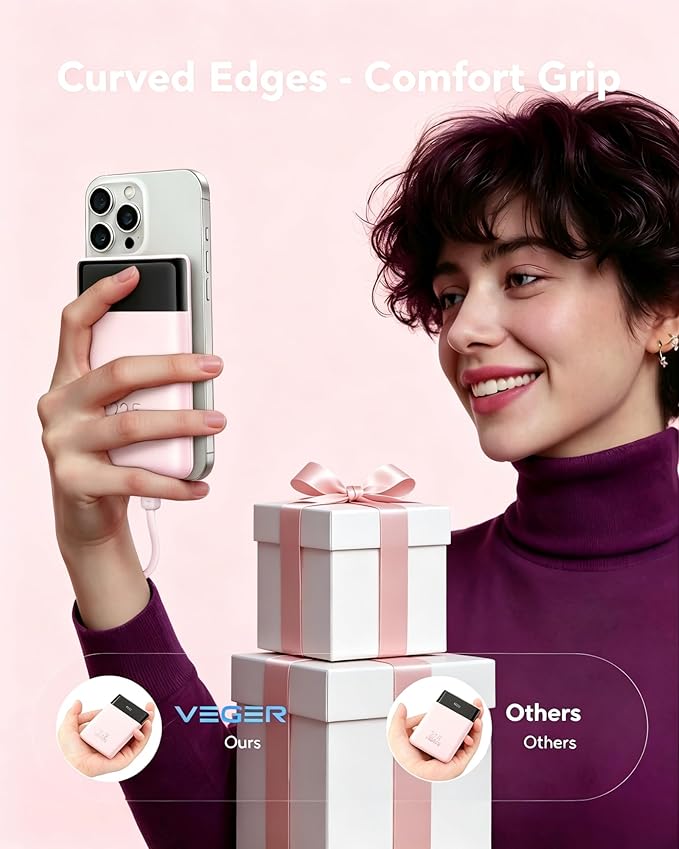 VEGER 22.5W Fast Charging Portable Charger, Slim 10000mAh Power Bank with Built-in Cables, Small USB C Battery Pack for iPhone iPad Samsung Galaxy Pixel LG Moto, Flight Safe, Travel Essential, Pink