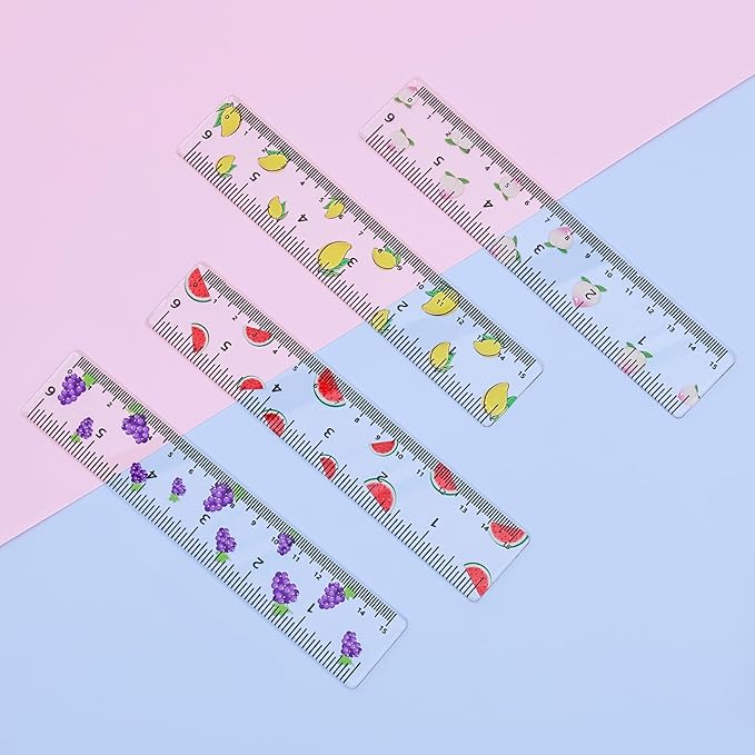 BAYTORY 4Pcs Transparent Acrylic Ruler 6 Inch, Clear Plastic Straight Rulers, Shatterproof Student Stationery Centimeters with Inches, for Classroom Essentials School Supplies (Fruit 6 Inch)