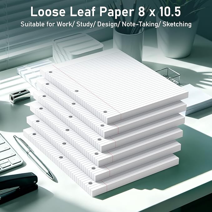 6 Pack Loose Leaf Paper, 120 Sheets Notebook Lined Pads, 8 x 10.5 College Ruled Filler Paper, 3-Hole Punched, White Loose Leaf Notebook Paper for 3 Ring Binders, for Home & Office, School Supplies
