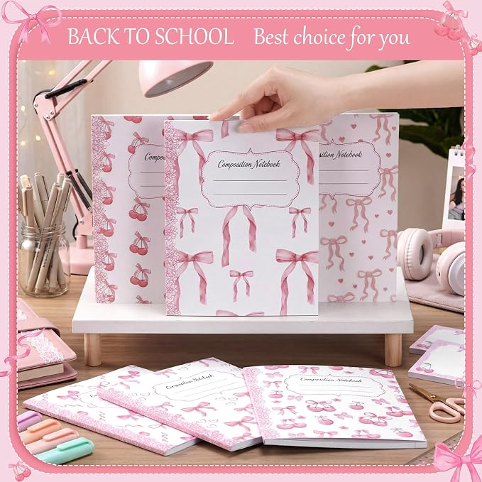 Fullhawl 6 Pack Composition Notebook College Ruled Bulk Light Pink Bow Composition Notebook Preppy Aesthetic for Back to School Supplies 110 Pages 9-3/4 x 7-1/2" Journal for First Day of School Office