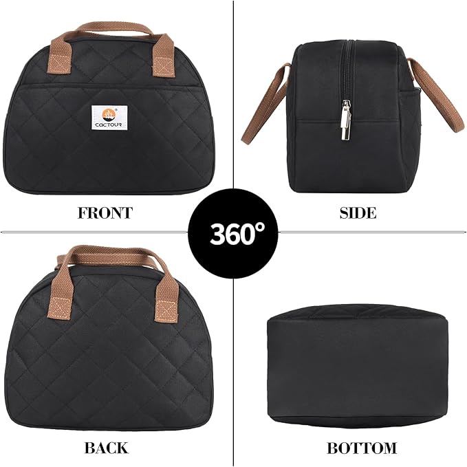CaCTOUR Lunch Bag Women,Insulated Quilted Lunch Bag, Small Portable Cute Lunch Box,Cooler Bag Reusable Lunch Tote for Work/Travel/Picnic (Black)