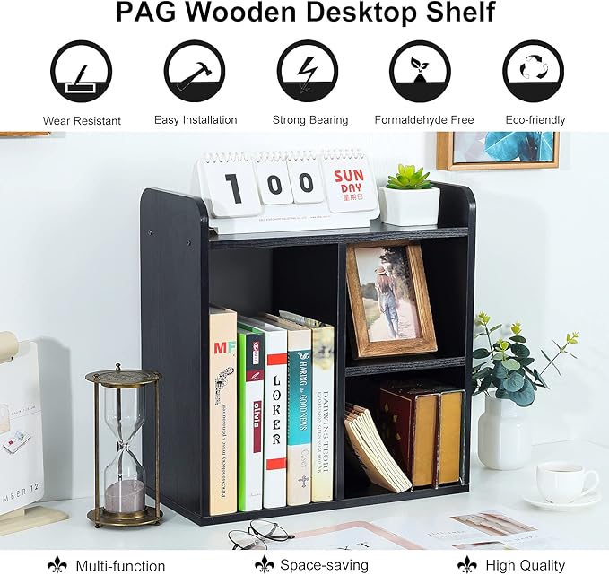 PAG Desktop Shelf Freestanding Wood Small Bookshelf Desk Supplies Organizers and Accessories Storage Display Rack Office Decor for Women, Black