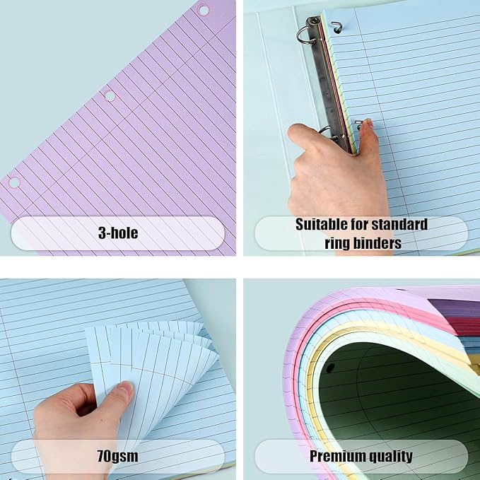 Koogel 500 Sheets Colored Filler Paper, 5 Colors 8 x 10-1/2 Inch Wide Ruled, 3-Hole Punched, Loose Leaf Notebook Paper for 3 Ring Binders, for Students & Office, School Supplies