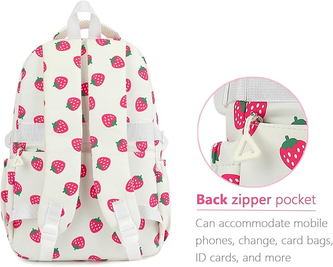 PRLINJSK Girls Backpack for College High Middle School Student, Cute Aesthetic Bookbag for Teens Women with Accessories, Beige Strawberry