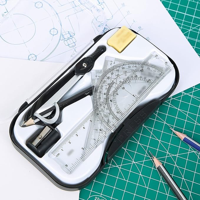 Drawing Compass Drafting Tools Pack of 7 Protractor and Compass Set Compass for Geometric Math Compass School and Storage Box Black Stationery School Supplies Math Ruler Kit