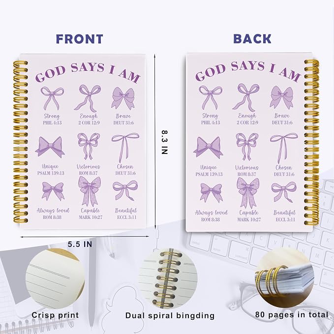 Bible Journal for Women, Christian Prayer Journal Pureple Notebook Gifts for Teen Girls Kids Women, Back To School Bible Study Supplies,Coquette Preppy Bows Cute Church Faith Journaling Hardcover Spiral Notebook 5.5 X 8.3