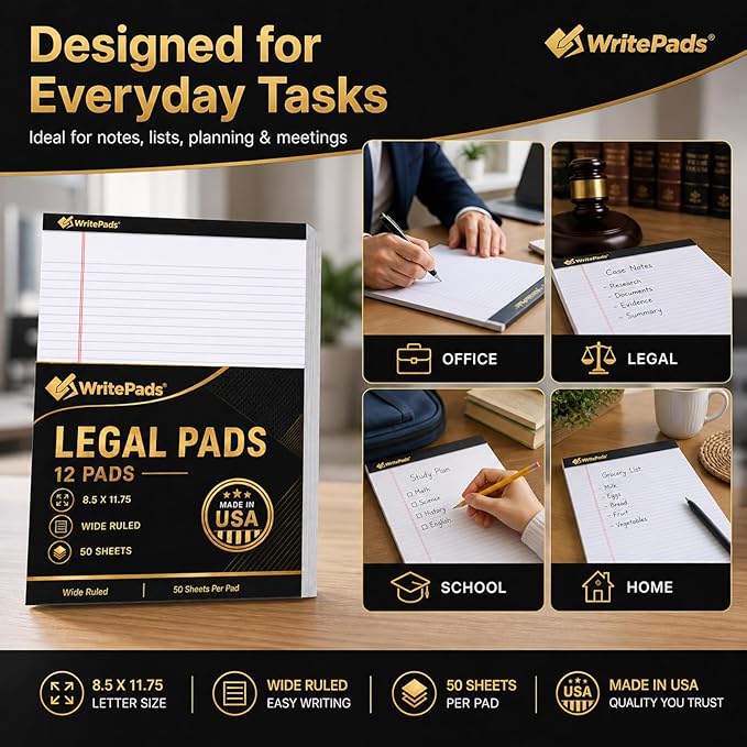 Legal Pads 8.5 x 11.75 Inch Wide Ruled Writing Pads, 12 Pack Note Pads - White Perforated Paper with Hard Back, 50 Sheets Per Pad, No Bleed Paper Notepad for Office, School, Business MADE IN USA