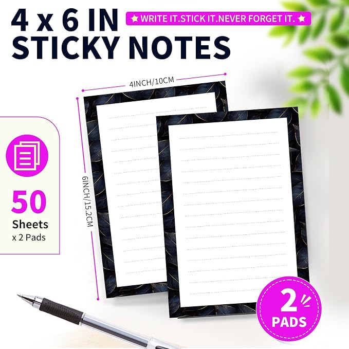 Lined Sticky Notes 4x6 in, 2 Pack Large Cute Notepads with Lines Self-Stick Note Pad, Funny Memo Pads Strong Adhesive for Office, Home Black Luxury Flowers