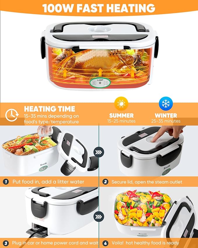 Eocolz Electric Lunch Box Food Heater 60-80W for Adults, Portable Food Warmer Heated Lunch Box for Car Truck Work with 1.5L Stainless Steel Container Fork & Spoon 12/24/110V Lonchera Eléctrica