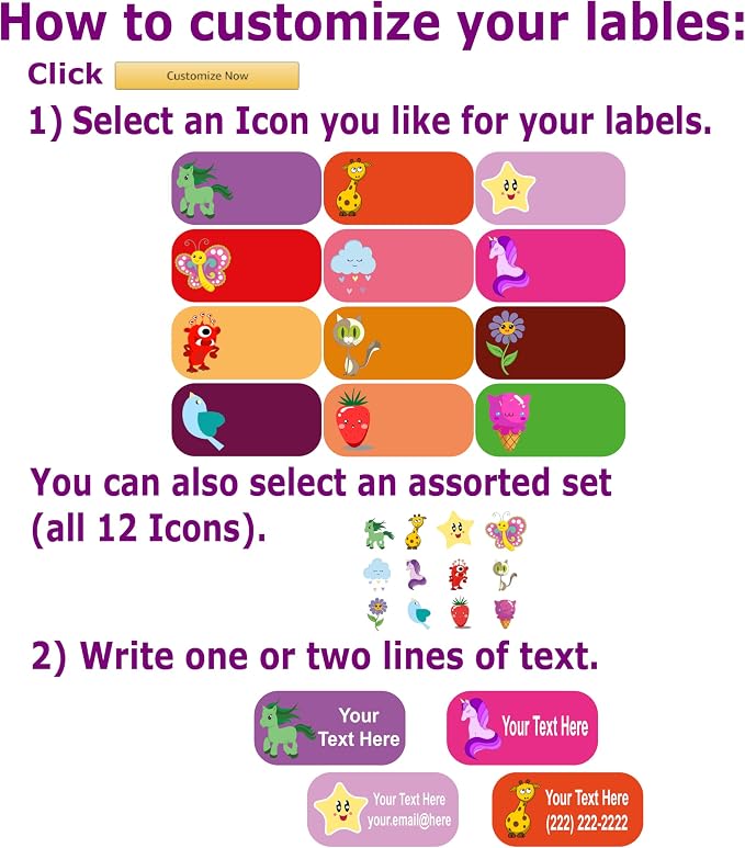 Waterproof Name Labels – Girls, Boys and Kids Icon Designs. 52 Custom Stickers for School, Daycare and Camp. Personalized Labels, Dishwasher and Microwave Safe, Machine Washable.