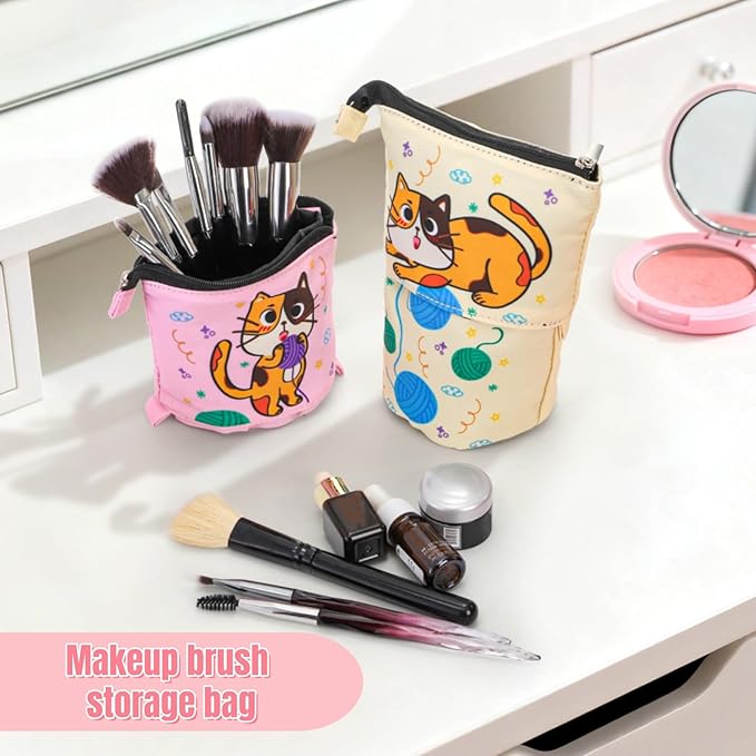 4 Pack Standing Pencil Case, Cute Cat Telescopic Pencil Storage Pouch Stationery Case, Portable Stand Up Makeup Bag Pencil Canvas Holder for Office Supplies, Cosmetics, Christmas Gift