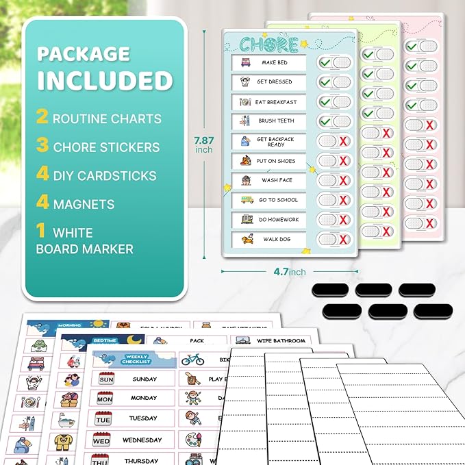Dry Erase Kids Chore Chart for 3 Kids Pink & Blue & Green - Magnetic Routine Chart with Slider Cute Chore Stickers, Morning Bedtime Daily Routine Chart for Toddlers Visual Schedule for Kid with Autism
