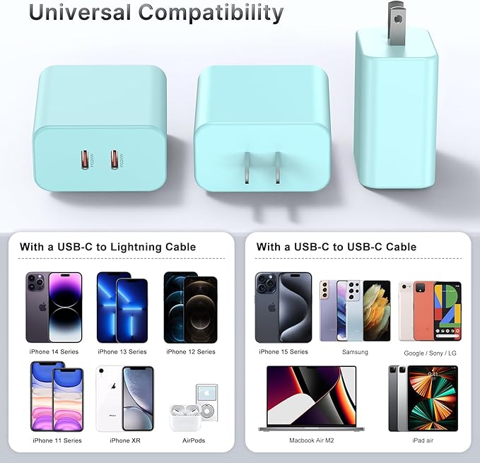 Susnwere 40W Dual USB C Charger Block,2-Port Fast USB-C Power Adapter Wall Charger Plug Type C Charging Block for Laptop Computer & Tablets/Phones iPhone 15/14/13/12/11/X, iPad,Samsung,Google 2pack