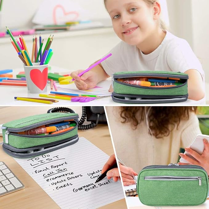 Big Pencil Case Large Capacity Pencil Bag Pouch Pencil Pen Case Holder Marker with 3 Compartments for Office Desk Supplies Organizer Storage Makeup Bag, Green