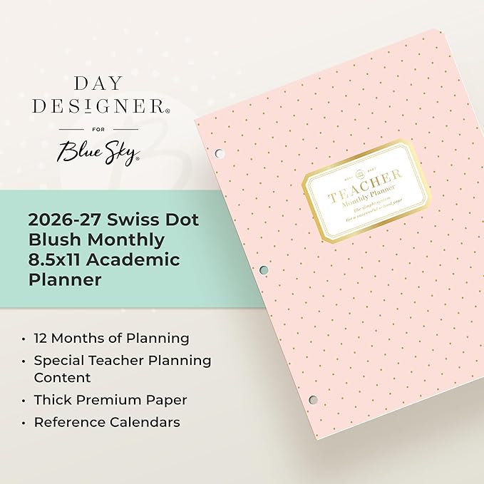 Blue Sky Day Designer 2026-2027 Monthly Academic Year Teacher Planner Calendar, July 2026 - June 2027, 8.5" x 11", Coated Paper Cover, Stapled Binding, Swiss Dot Blush