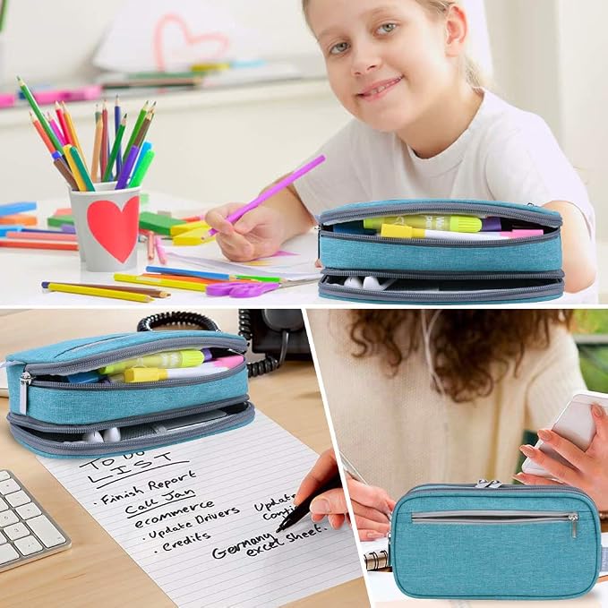 Big Capacity Pencil Case Large Pencil Bag Pouch Pen Case Pencil Marker Holder with 3 Multi Compartments for Office Stationery Organizer Storage Makeup Bag, Light Blue