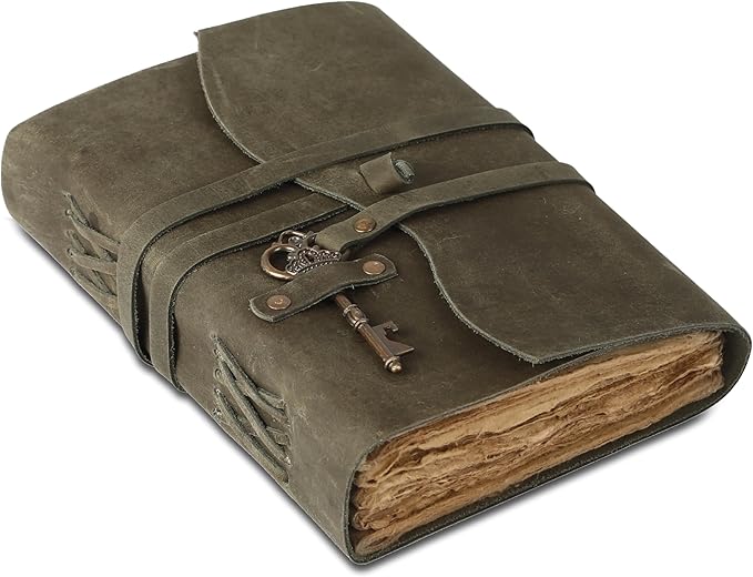 Leather Journal with Deckle Edge Paper 8x6 inch and Vintage Key | Handmade Writing Notebook Diary | Bound Daily Notepad for Men & Women Medium, Sketch/Writing pad for Artists