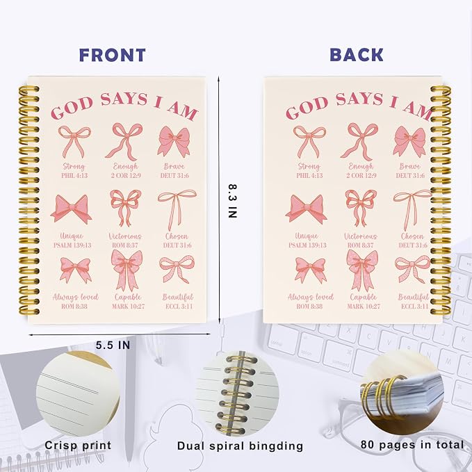 Bible Journal for Women, Christian Prayer Journal Pink Notebook Gifts for Teen Girls Kids, Bible Study Supplies, Coquette Preppy Bows Cute Church Faith Journaling Hardcover Spiral Notebook 5.5 X 8.3