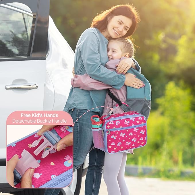 Bagseri Kids Lunch Bag Girls - Thermal Insulated Lunch Box Tote with Water Bottle Holder, Reusable Leak-Proof Kids Lunch Box for Daycare & School, Rose Pink Butterfly (Containers Not Included)