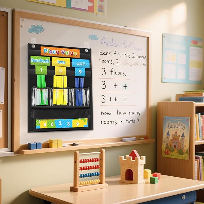 Counting Caddie and Place Value Pocket Chart for Kindergarten Preschool Homeschooling Classroom,210 Straws & 30 Number Cards & Header Cards Included (Black)
