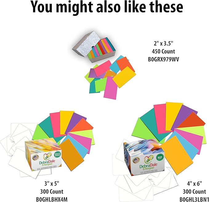 Debra Dale Designs Blank Flash Cards 1000 Pack – Neon Study Cards 2″ x 3.5″ – Small Color Index Cards for Studying, Vocabulary, Notes & Memory – 65 lb Cardstock – Storage Box – Made in USA