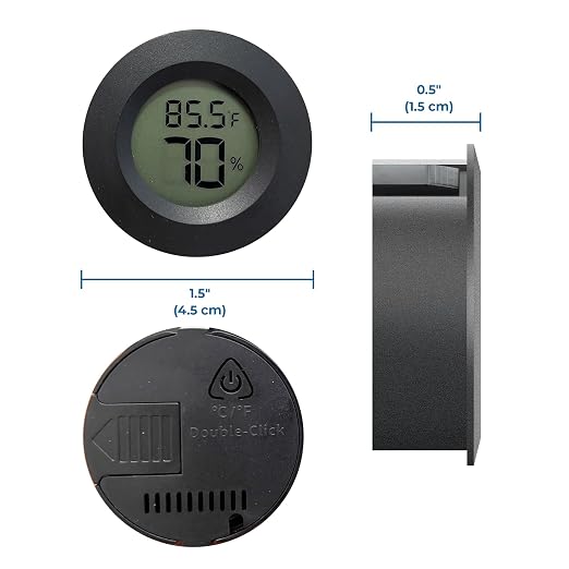 SunGrow Reptile Thermometer with Hygrometer with Digital Display, Accurate Temperature, Humidity Gauge for Snake and Lizard Tanks, Round Clear LCD, Black, 1.8”x1.8”x0.6”