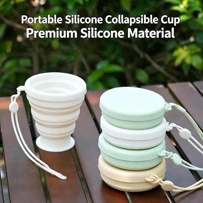 Collapsible Silicone Travel Cup, Portable Reusable Foldable Water Cup, BPA-Free Leakproof Mug with Lid & Lanyard for Camping Hiking (Beige)