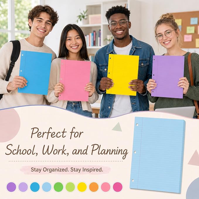 gisgfim 100 Sheets 3 Hole Punched Lined Refill Paper 8 x 10.5 Inch Loose Leaf Paper 3-Ring Binders College Ruled Notebooks Planner Inserts Thicken for Writing School Office Home Supplies(Colorful)