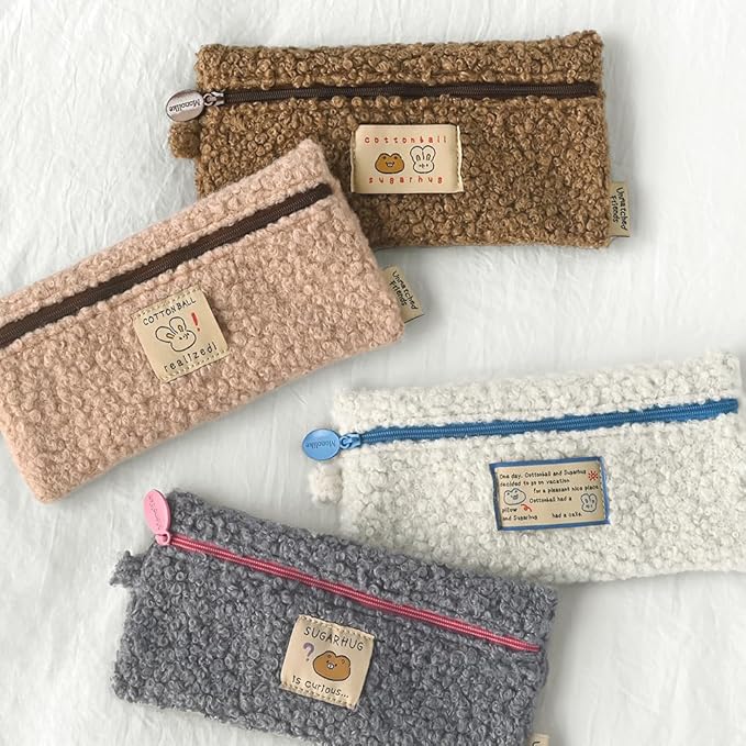 Monolike Unmatched Friends Bbogeuli Pencil Case, Ivory - Slim Fuzzy Fleece Pen Pouch for Daily Use with Stain-Resistant Lining