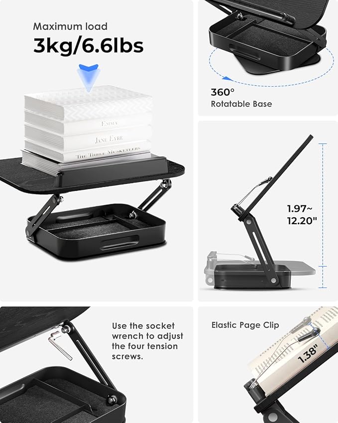 Viozon 360° Rotating Ergonomic Book Stand for Reading - Adjustable Wood Book Holder for Neck Pain Relief, for Heavy Textbooks & Cookbooks, No-Assembly Hands-Free Stand for Students & Home Office B