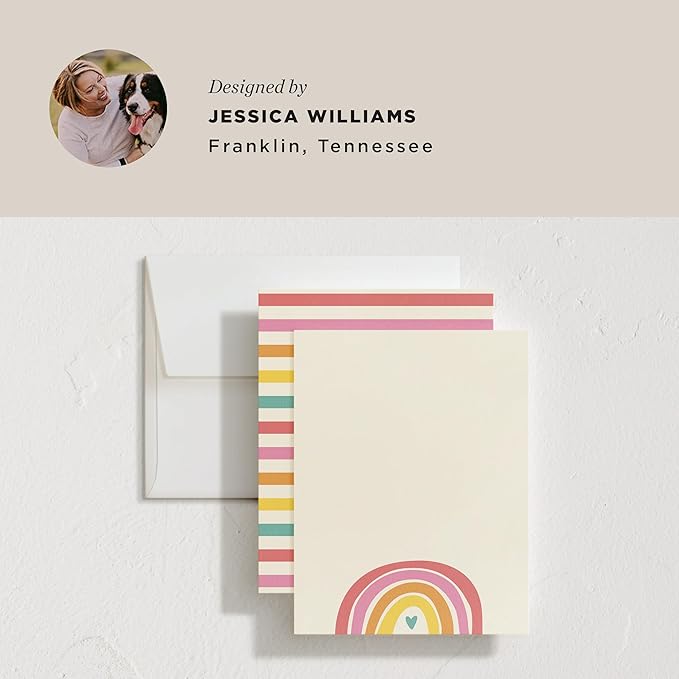 Minted Cheerful Stationery Set, Set of 10, Flat Note Cards & Envelopes for Invitiations and Handwritten Thank You Messages, Rainbow with Heart Accent, Gifts for Teachers
