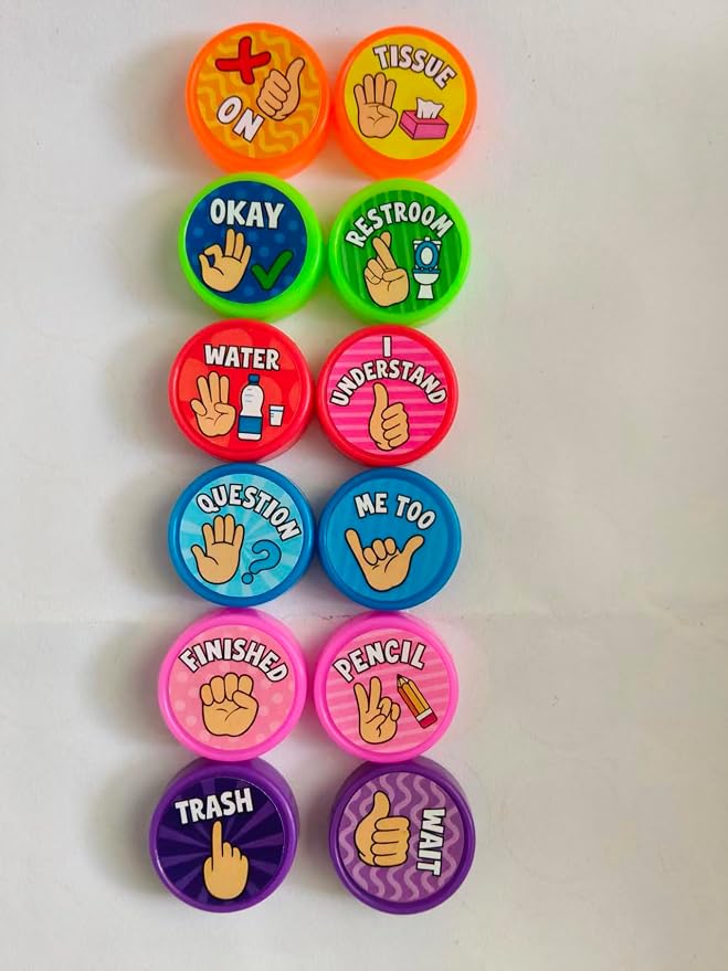 Cinrobiye 24 Pcs Hand Signal Stampers Party Favor Set, Cute Classroom Communication Stamps for Kids Teacher Tools, Classroom Rewards, Behavior Management, Goody Bag Fillers