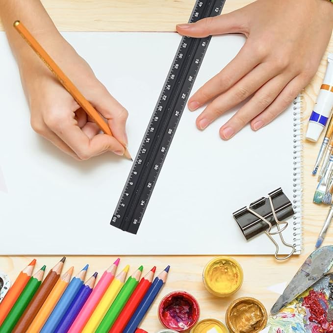 Engineer Scale Ruler, Imperial Measurements 12'', Laser-Etched Aluminum Architect Triangular Ruler Black for Architects, Students, Draftsman, and Engineers