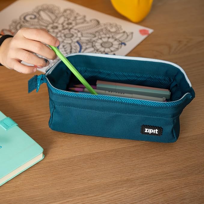 ZIPIT Lenny Pencil Case, Wide-Opening Zipper Pouch for Girls and Boys, Teal | Aesthetic pouch for school, machine washable, colorful lining, holds 55 pens & pencils, doubles as a makeup case for travel