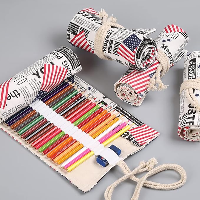 DIYOMR 24/36/72 Slots Pencil Wrap - Roll Up Bag with Short Brushes Pouch Case for Drawing, Coloring and Sketching - NO PENCILS (Flag, 36 Slots)