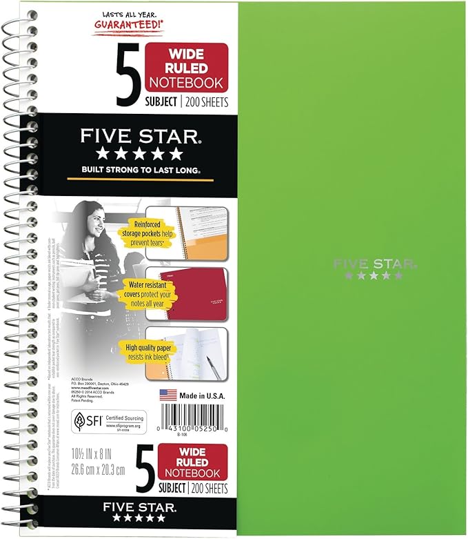 Five Star Spiral Notebooks, 2 Pack, 5-Subject, Wide Ruled Paper, 10-1/2" x 8", 200 Sheets, Gray, Lime (38434)