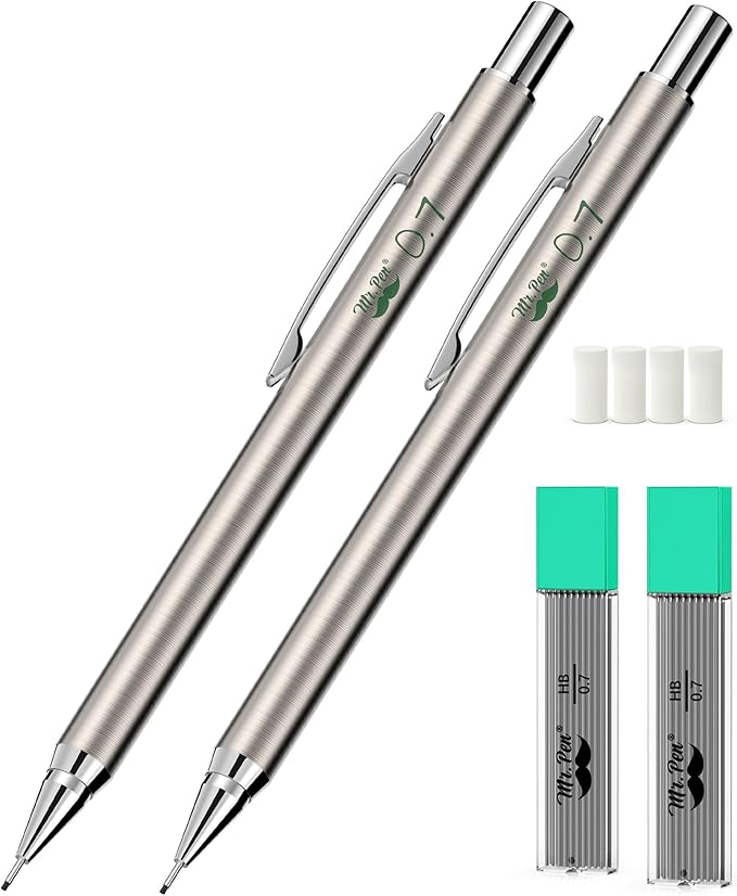 Mr. Pen- Metal Mechanical Pencil Set with Lead Refills & Erasers, 2 Pack, 0.7mm, 4x Tubes HB Lead Refill, 4x Eraser Refills for School Supplies, Note Taking, Drawing, Sketching, Office