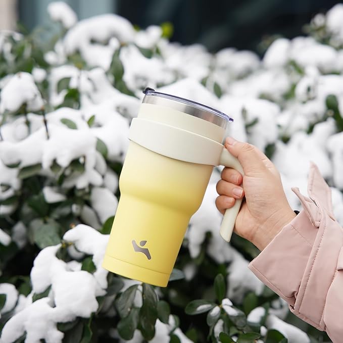 Konokyo 40 oz Tumbler with Handle and 2 Straw 2 Lid, Insulated Water Bottle Stainless Steel Vacuum Cup Reusable Travel Mug,Lemon